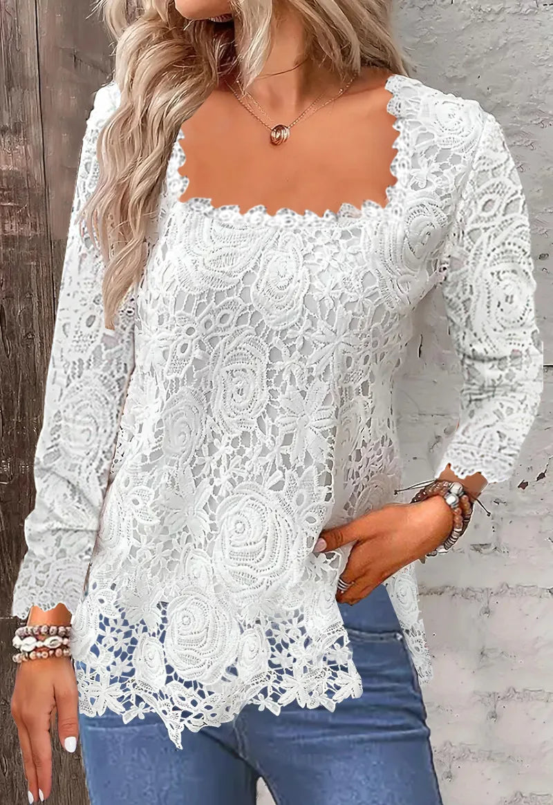 U Collar Long Sleeve Lace Loose T-shirts Summer Women Lace Patchwork Hollow Out Baggy Tee Shirt Tops MYH-myh221 Bazaare Mart