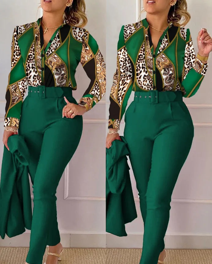 Print Long Sleeve Shirt Matching Pants Sets With Belt