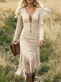Retro Western Faux Suede Long Sleeve Tassel Bodycon Dress