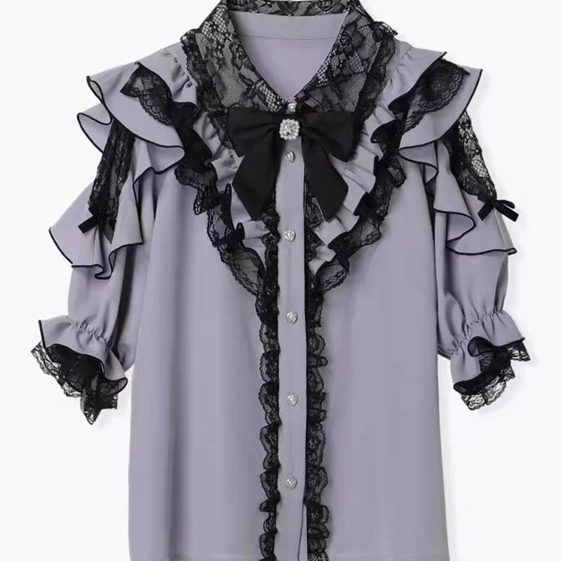 Women's Kawaii Lolita Blouse – Japanese-Inspired Peter Pan Collar Shirt with Lace & Bow Details Bazaare Mart Blouse
