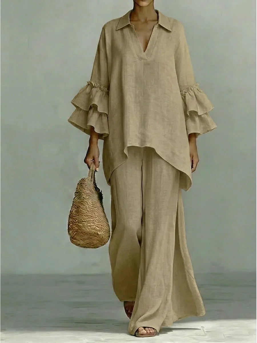 Women's 2-Piece Wide-Leg Pants Set with Ruffle Sleeves