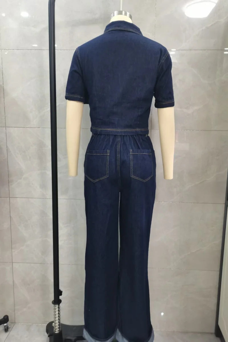Two-Piece Denim Set – Cropped Button-Up Top & Wide-Leg Jeans