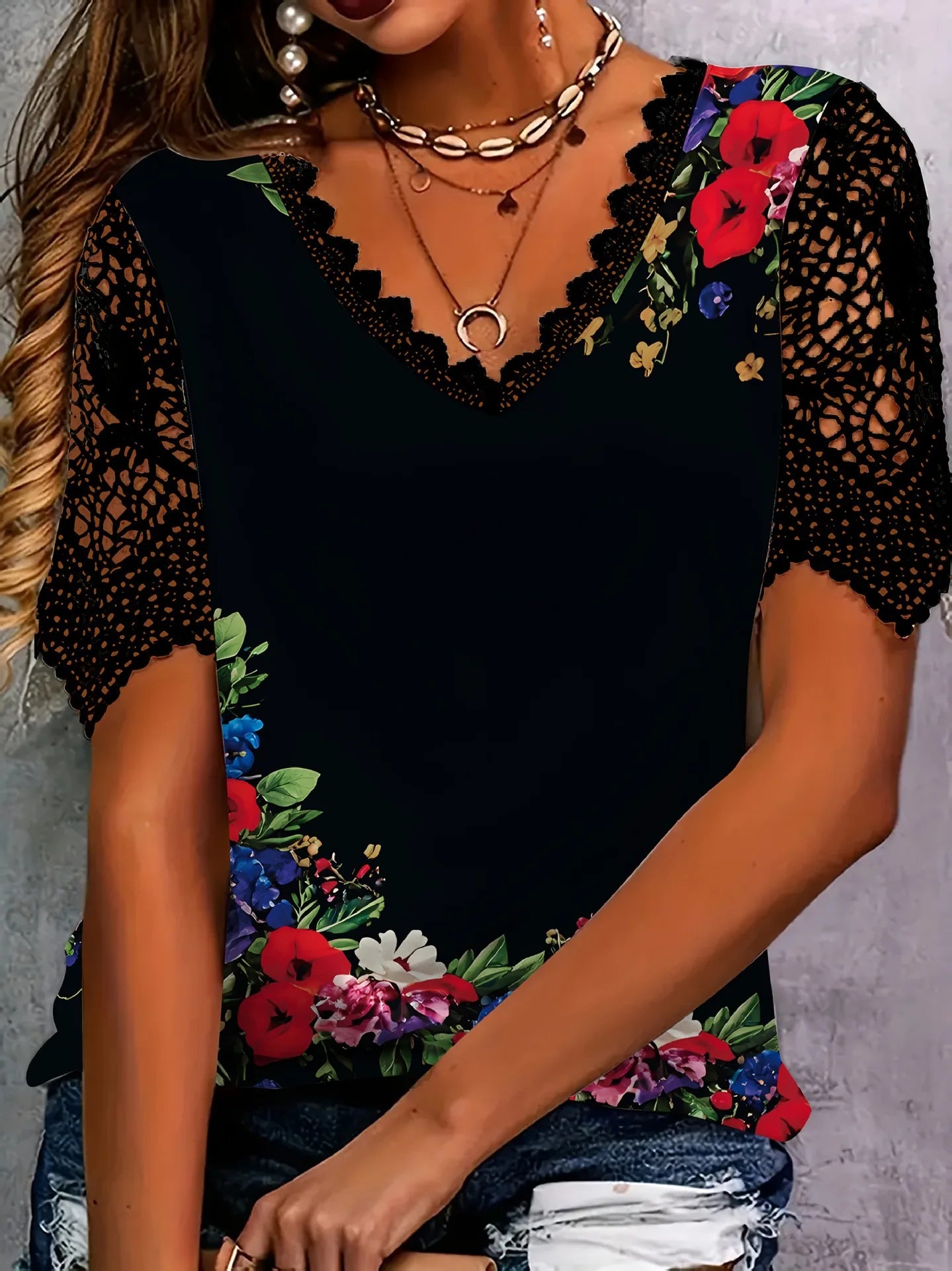 Women's Boho Floral Lace Sleeve Blouse – V-Neck Loose Fit Casual Top