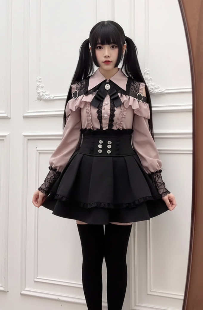 Jirai kei Shirt JK Skirt Japanese Style Lolita Y2K Sweet School Uniform Blouse Top Dress Darkness Outfit Women Girls Theme Party Bazaare Mart