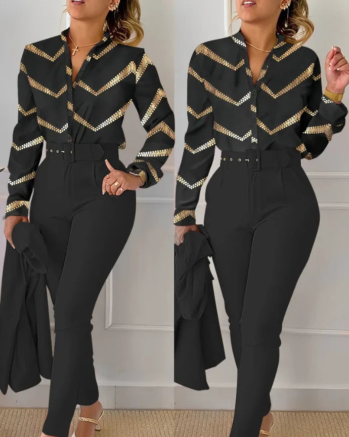 Print Long Sleeve Shirt Matching Pants Sets With Belt