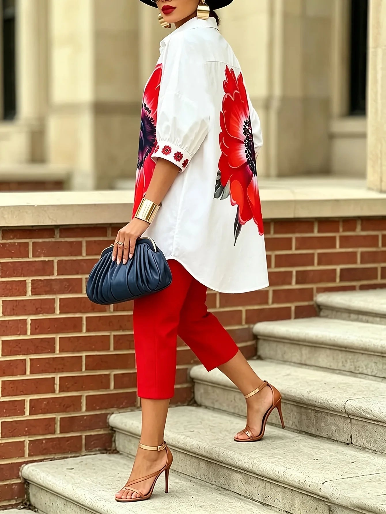 Women's Bold Floral Button-Up Shirt & Capri Pants 2-Piece Set – Elegant Summer Outfit Bazaare Mart Capris Outfit