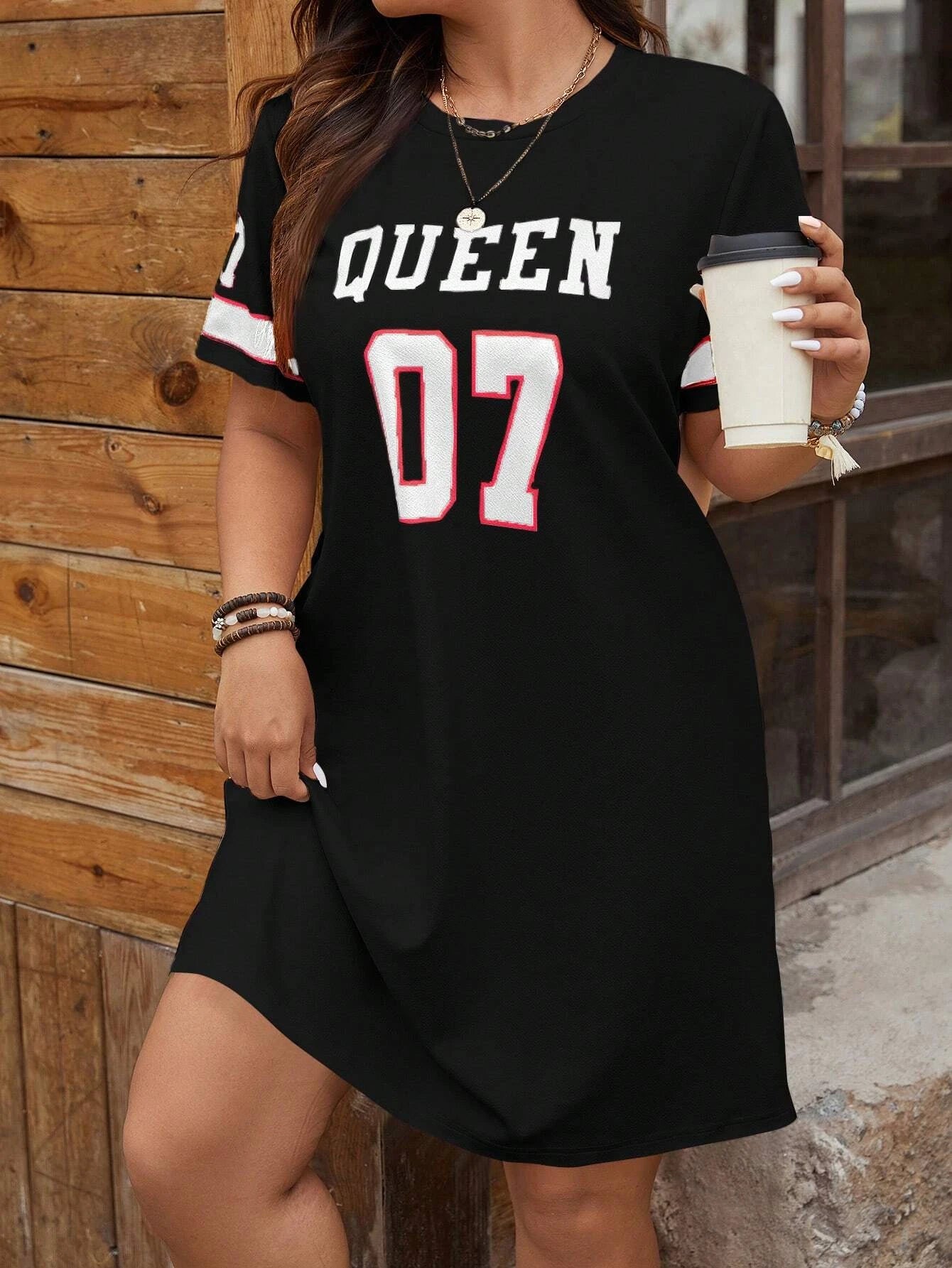 Plus Size Women's Summer Music Festival Pattern Sporty Casual Letter Print Fashionable 07 Printed Jersey Tenniscore Dress SYF112902 Bazaare Mart