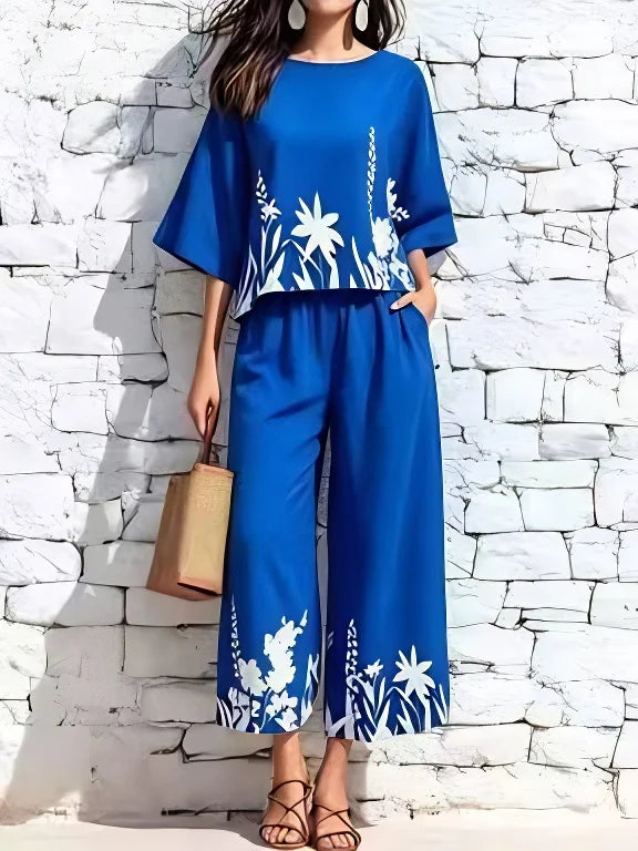 Floral Two-Piece Set with Wide-Leg Pants