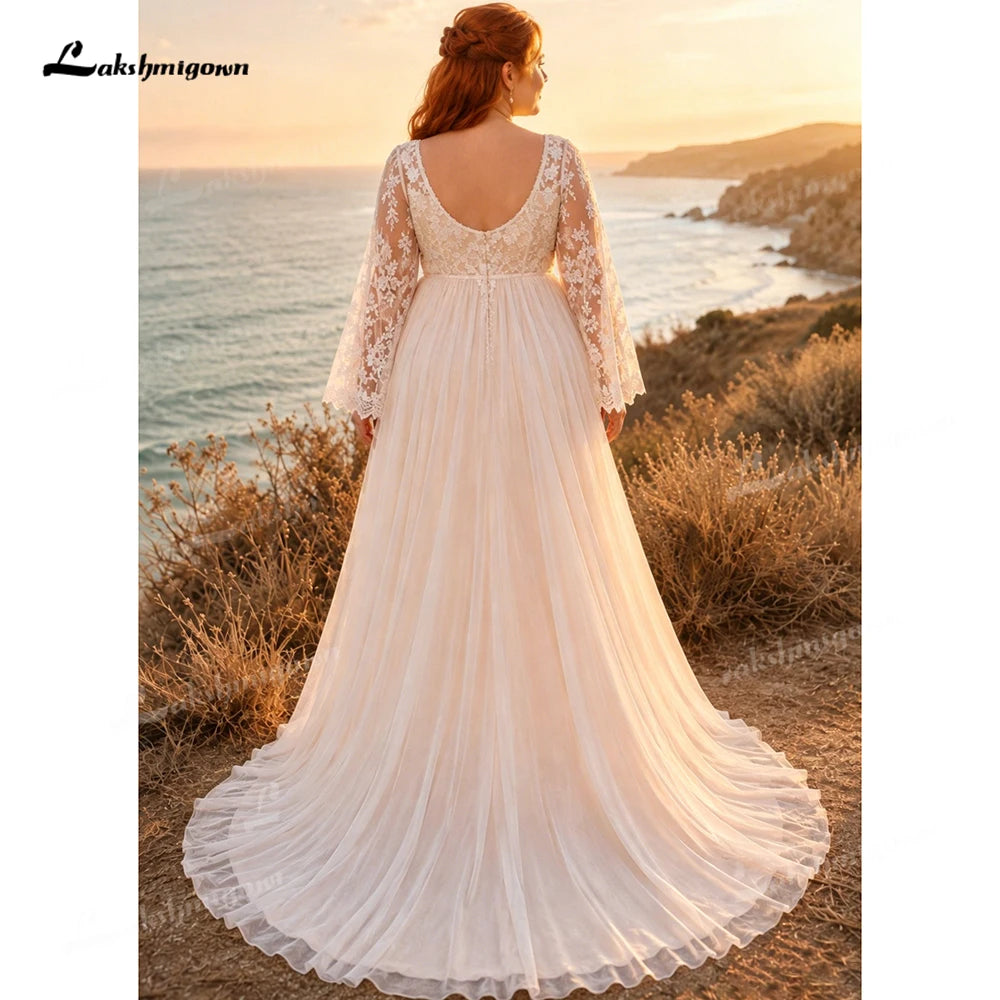 Custom Plus Size A-Line Tulle Wedding Dress with Sheer Lace Bell Sleeves – Romantic Square Neck Bridal Gown Bazaare Mart Plus Size Wedding Dress