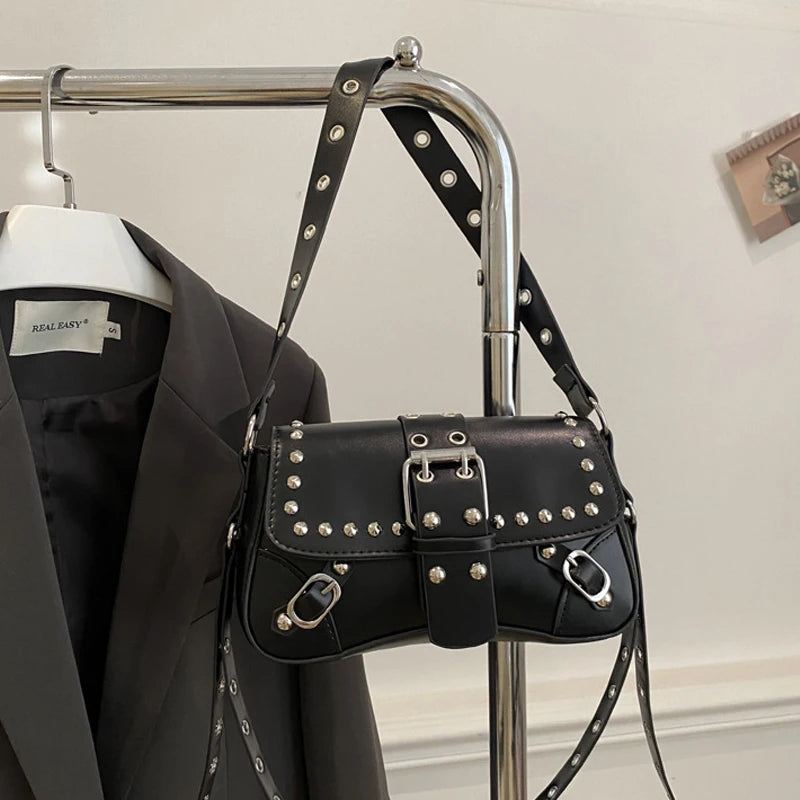 Studded Baguette Shoulder Bag – Faux Leather Punk Rock Shoulder Purse with Buckle & Rivet Details Bazaare Mart Shoulder Purse