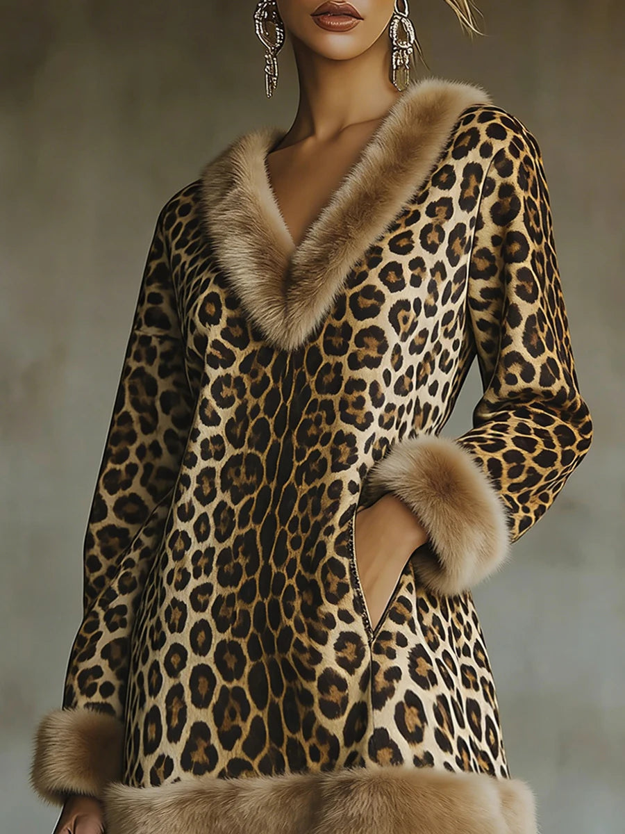 Leopard Print Mini Dress – V-Neck with Faux Fur Trim