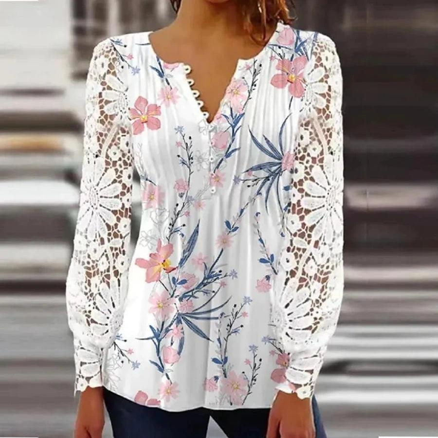 Women's Floral Print Blouse with Lace Sleeves – Elegant Casual Button Front Shirt, Sizes S-5X Pink Bazaare Mart Lace Blouse