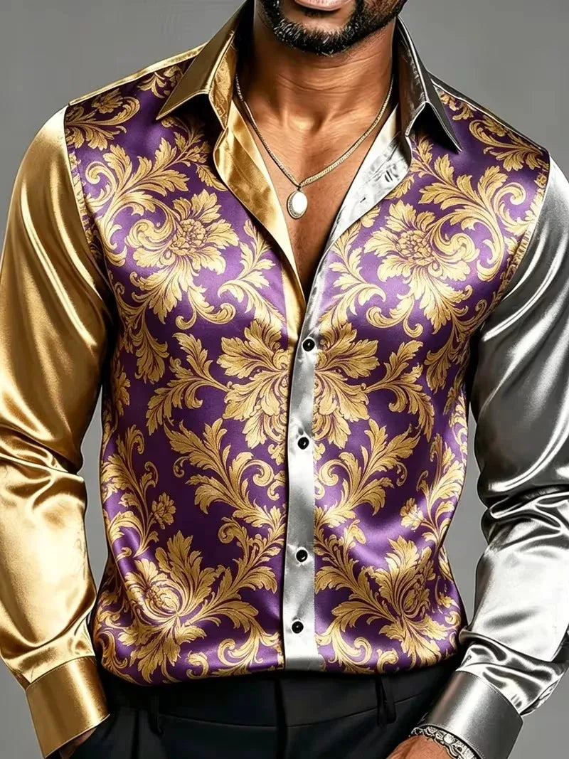 Men's Satin Baroque Print Button-Up Shirt – Long Sleeve Luxury Dress Shirt
