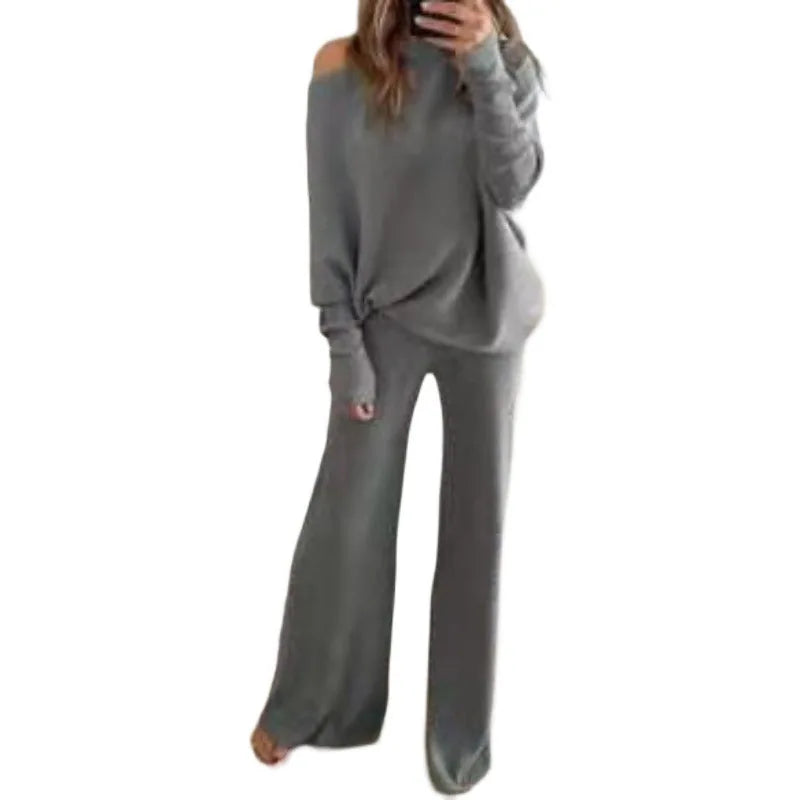 Long-Sleeve Bateau Collar Top + Wide-leg Pants Set