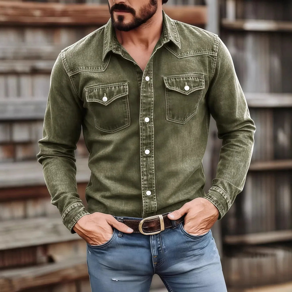 Men's Vintage Washed Denim Button Up Shirt