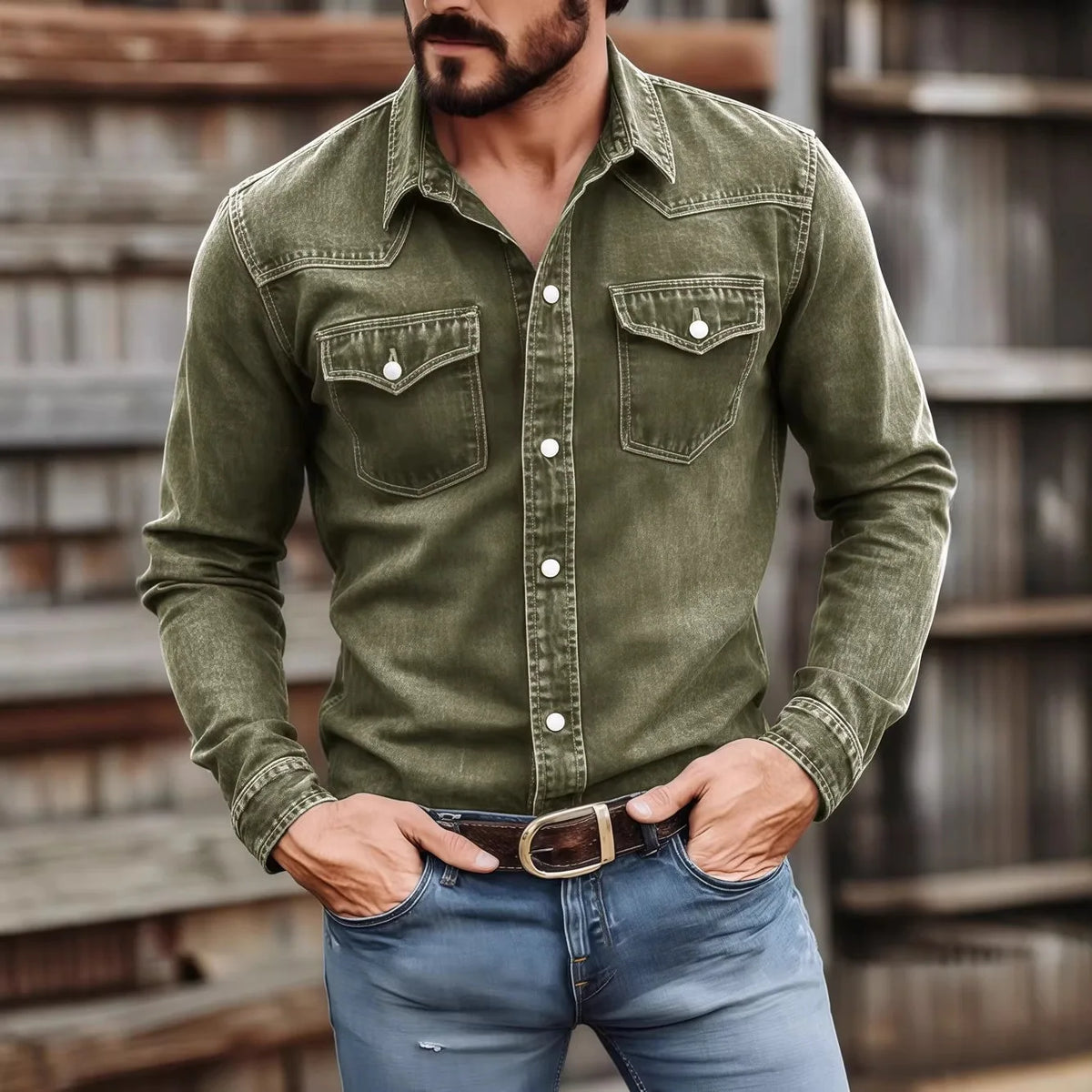 Men's Vintage Washed Denim Button Up Shirt