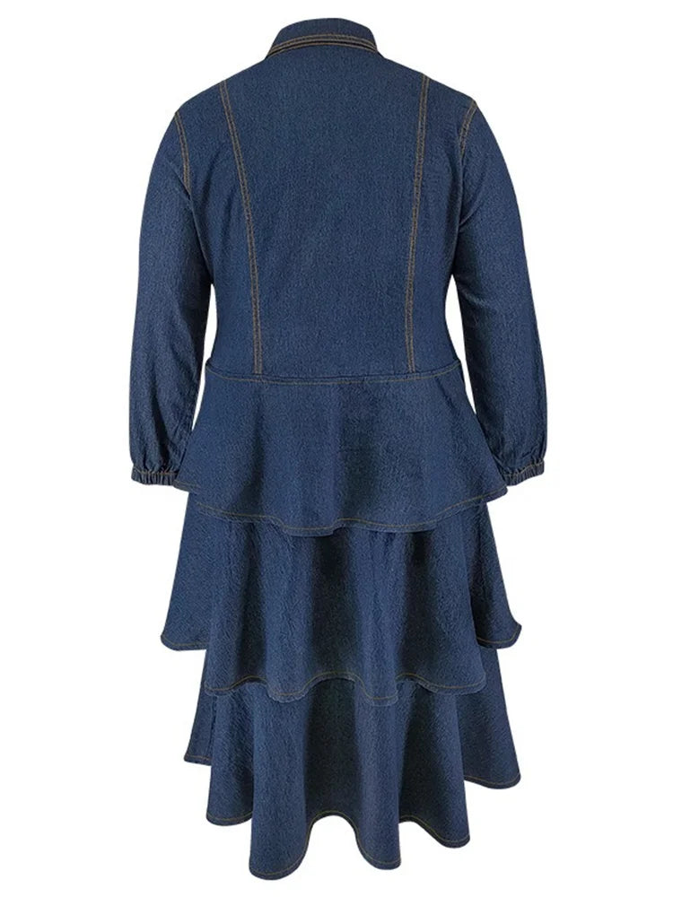 Blue Denim Tiered Ruffle Midi Dress