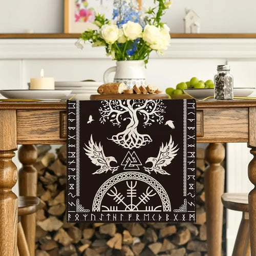 Black Viking Raven Helmet of Awe Linen Table Runner Bazaare Mart Viking Table Runner