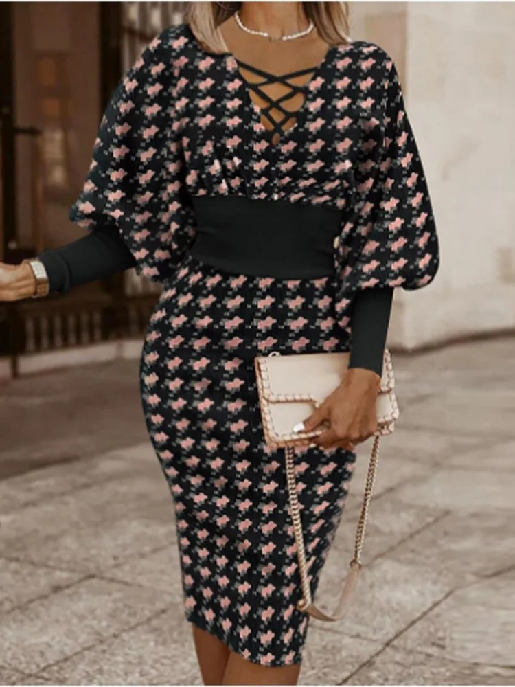 CM.YAYA Elegent Women Plaid Lace Up V-neck Lantern Long Sleeve Bodycon Midi Dress Sexy Party Club Party Dresses Vestidos