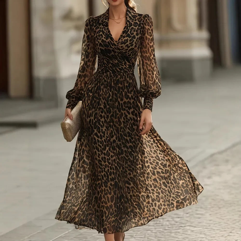 Sheer Leopard Print Elegant Flowy Long Sleeve V-Neck Dress