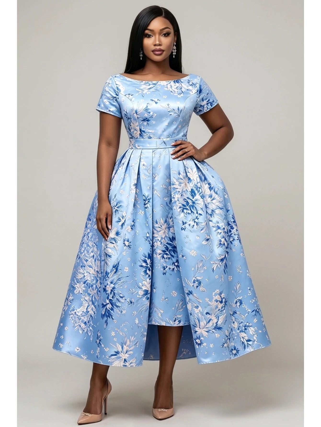 Blue Floral Fit-and-Flare Midi Dress