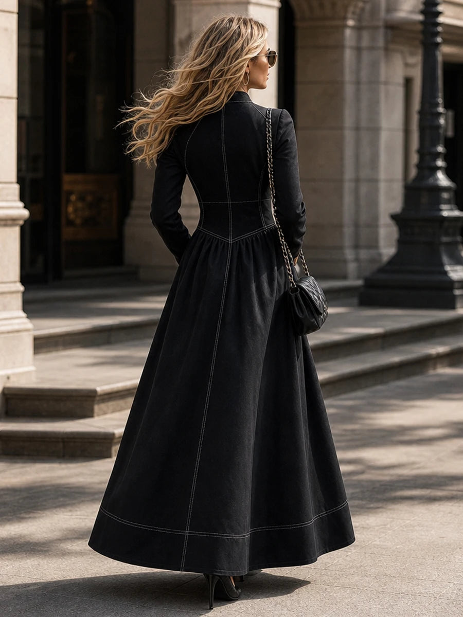 Contrast Stitching Maxi Dress Stand Collar Long Sleeve High Waist Maxi Dress
