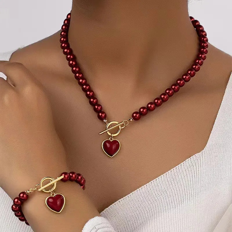 Bead Love Necklace With Bracelet Jewelry Set 808373-Red Bazaare Mart Bead Love Necklace With Bracelet Jewelry Set