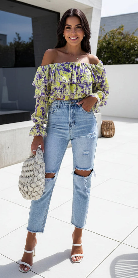 Women Off Shoulder Ruffle Blouse Long Sleeve Floral Print Sheer Chiffon Top Tiered Layered Design Fashion Casual Summer Blouse YELLOW Bazaare Mart