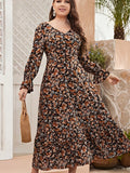 Brown Floral Long Sleeve V-Neck Midi Dress Brown Floral United States Bazaare Mart Long Sleeve Black Floral V-neck Cinched Waist Midi Dress