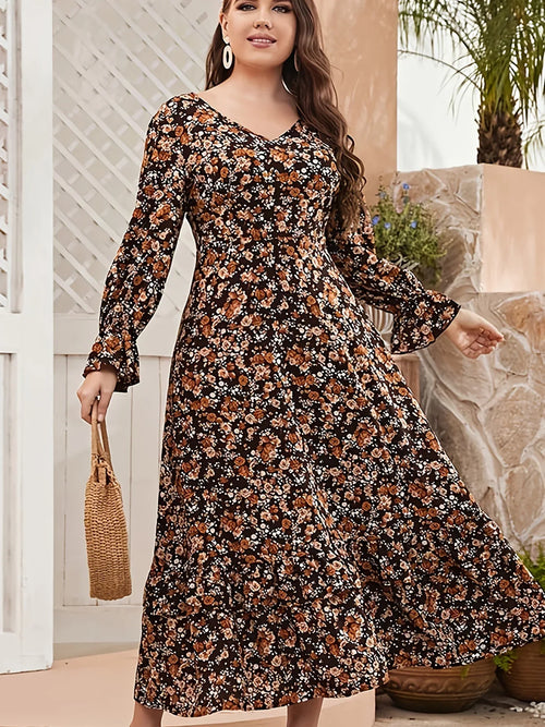 Brown Floral Long Sleeve V-Neck Midi Dress Brown Floral United States Bazaare Mart Long Sleeve Black Floral V-neck Cinched Waist Midi Dress