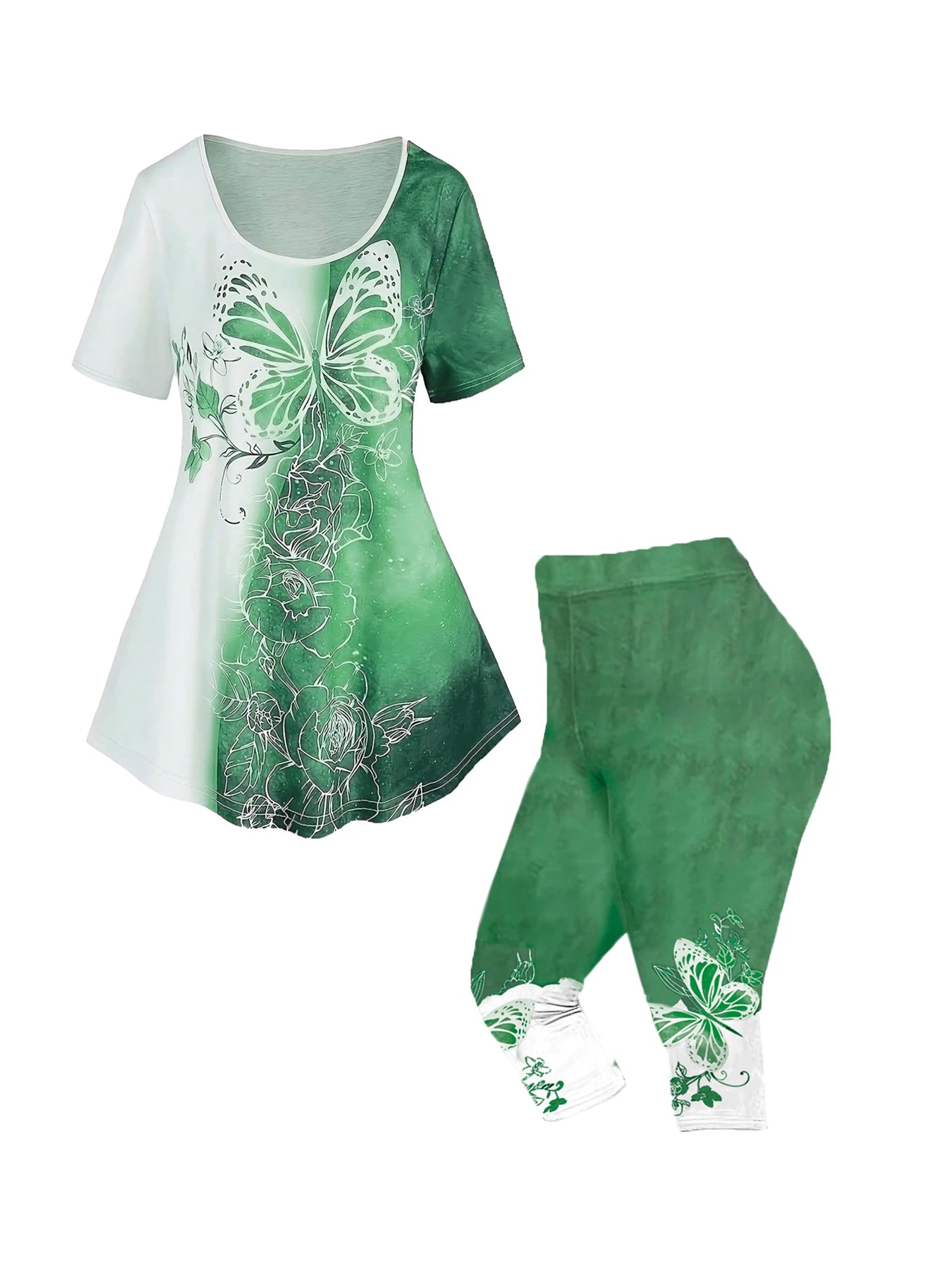 Plus Size Blue Butterfly Print 2-Piece Set | Women's Summer Tunic Top & Capri Leggings Outfit Green Bazaare Mart 2pc. Capris Outfit