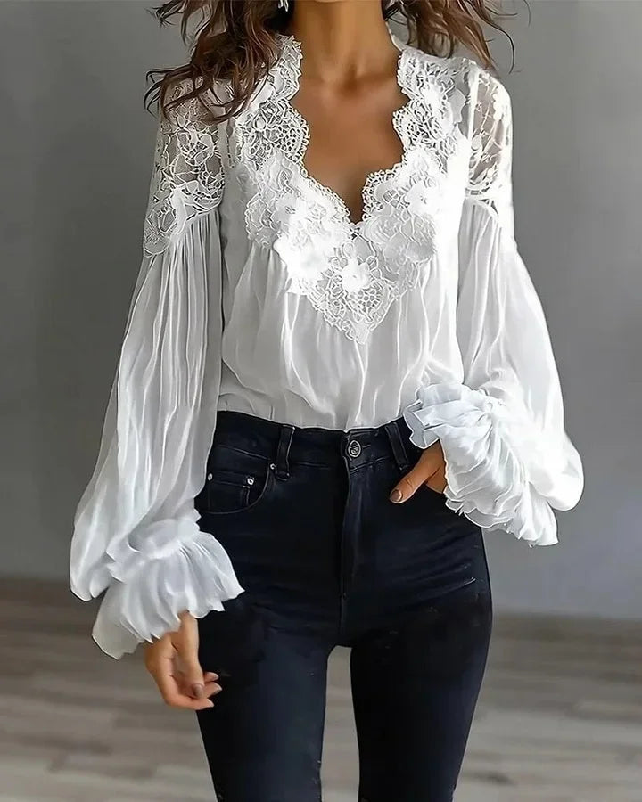 Lace-Trim V-Neck Chiffon Blouse with Long Puff Sleeves