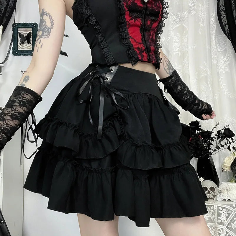 Japanese Gothic Y2k Lolita Style Skirt Women Harajuku Dark Streetwear Lace Mini Cake Skirt Female Fashion Slim Outfitn Bazaare Mart