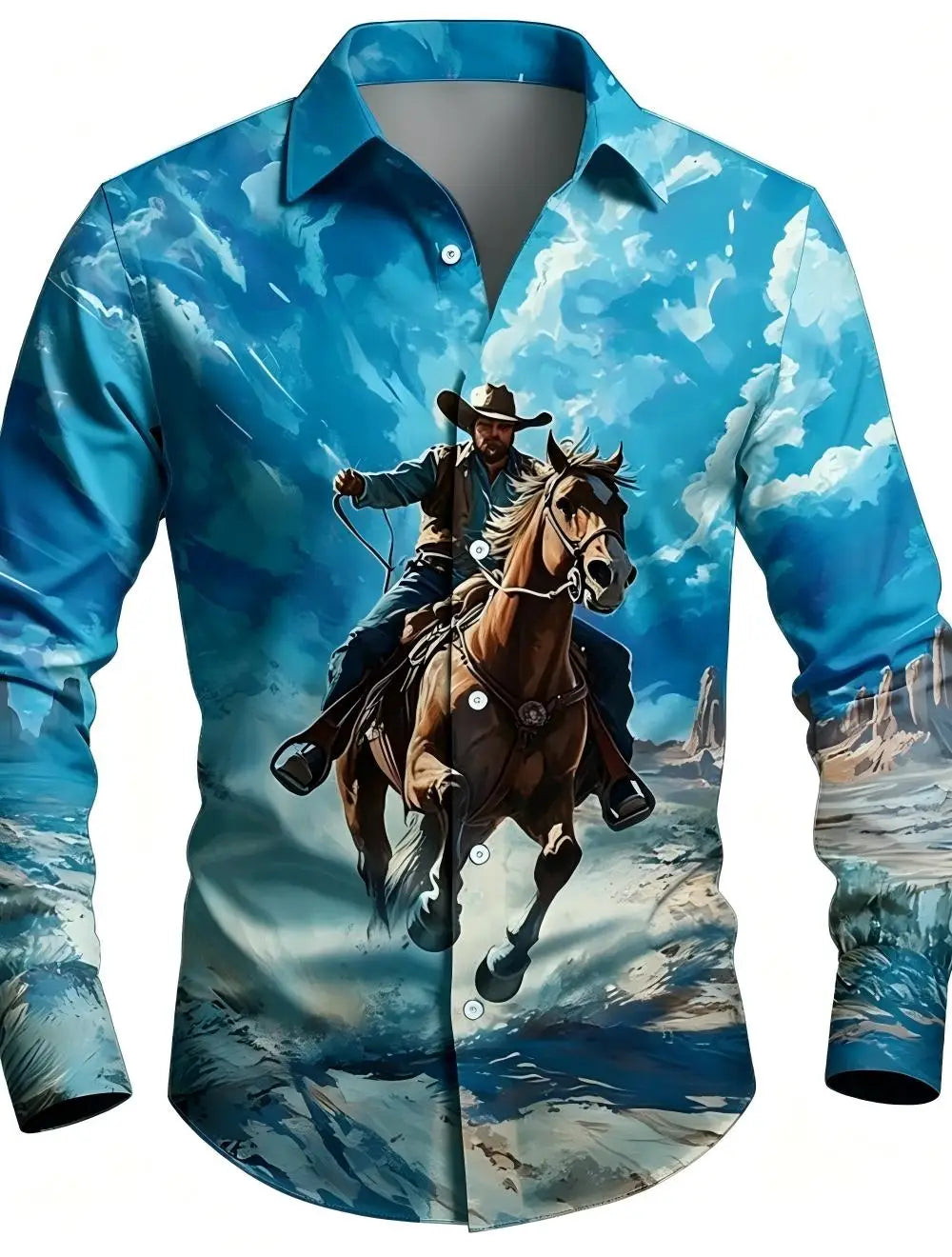Men's Western Cowboy Riding Shirt – 3D Printed Long Sleeve Button-Up