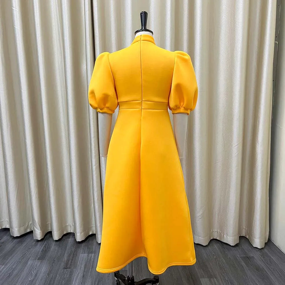 Elegant Solid Color Bow Short Puff Sleeve Full Skirt Midi Dress