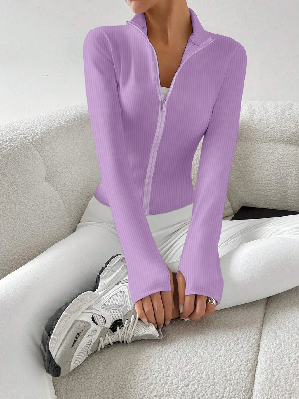 Ribbed Knit Zip-Up Crop Active Fit Jacket with Stand Collar
