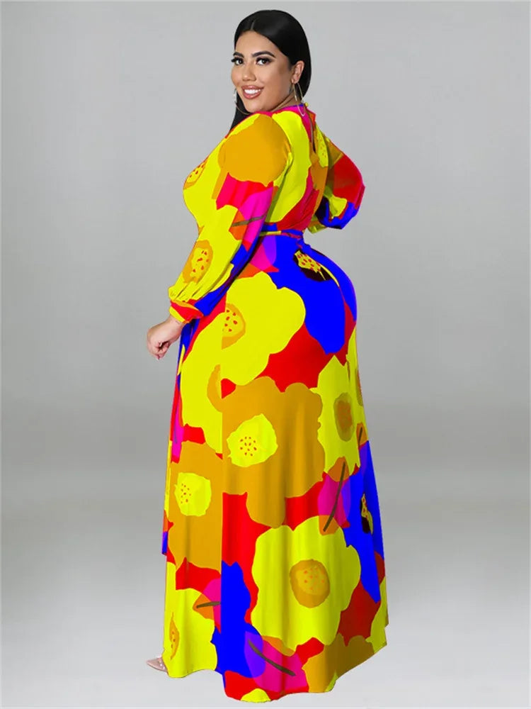 Colorful Long Sleeve Large Print Flower Maxi Dress Bazaare Mart Colorful Long Sleeve Large Print Flower Maxi Dress