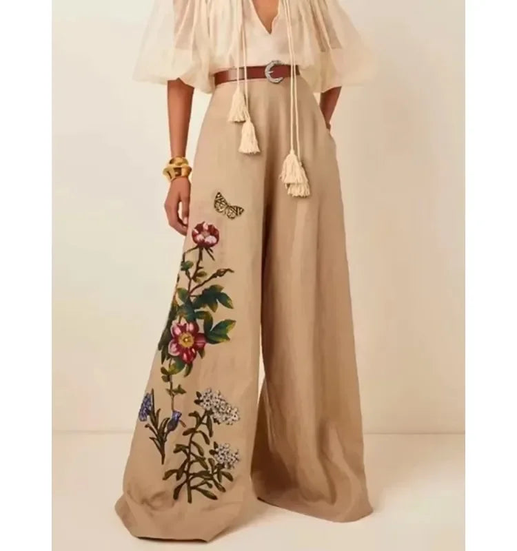 Women's Floral Embroidered Wide Leg High Waist Belted Khaki Slacks