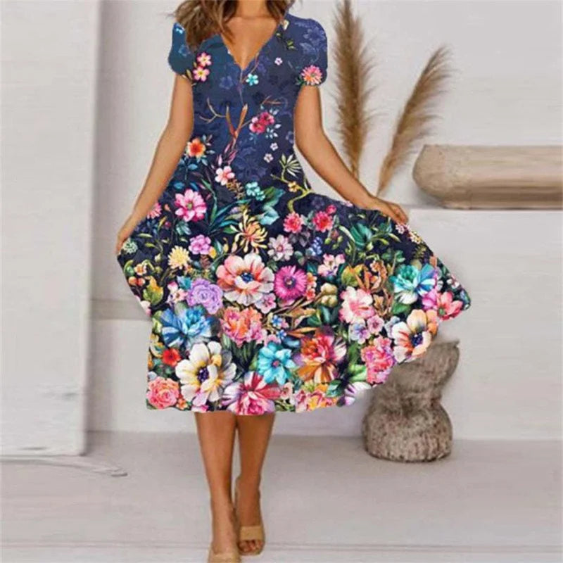 Fashion Flower Print V Neck Short Sleeve Dress Trend Streetwear Ladies Summer Vacation Casual Commuter Dressy Women Big Hem Gown A Bazaare Mart