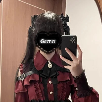 Jirai kei Shirt JK Skirt Japanese Style Lolita Y2K Sweet School Uniform Blouse Top Dress Darkness Outfit Women Girls Theme Party Dark Red Shirt Only Bazaare Mart