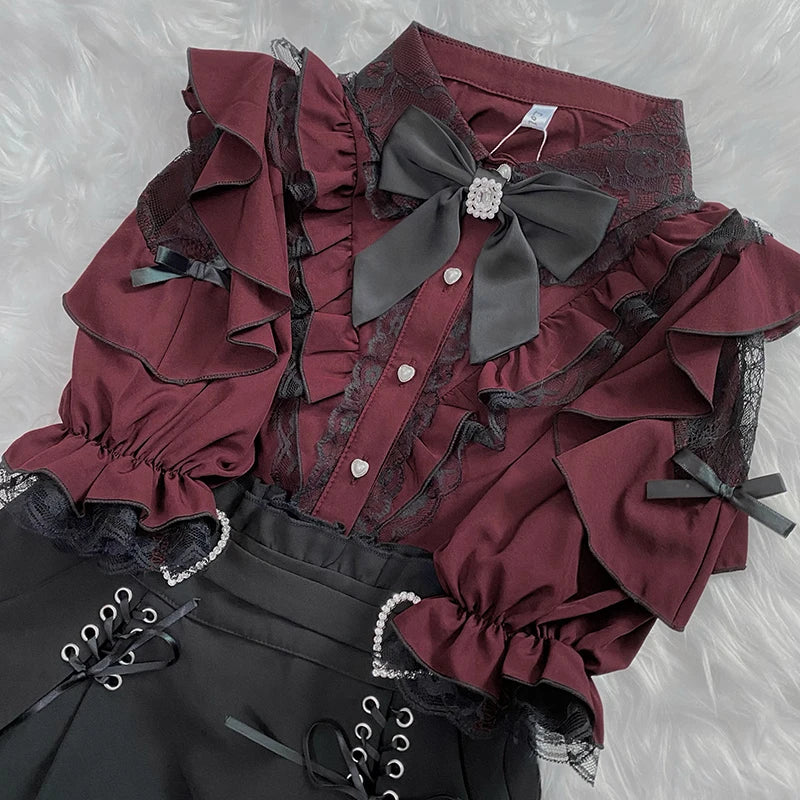 Women's Kawaii Lolita Blouse – Japanese-Inspired Peter Pan Collar Shirt with Lace & Bow Details Bazaare Mart Blouse