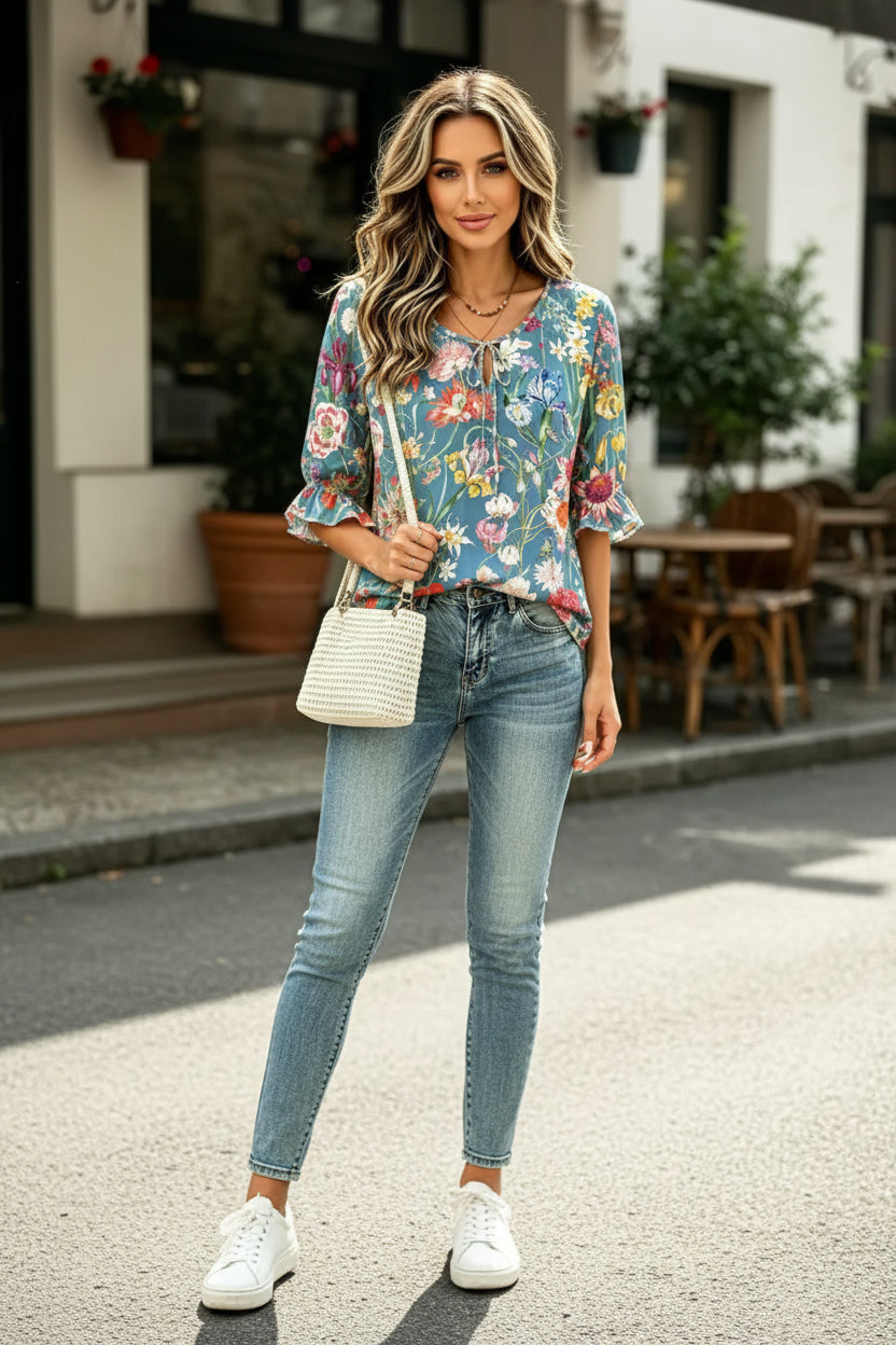 Women's Vibrant Floral Print Ruffle Sleeve Blouse – Tie Neck Boho Top for Spring & Summer NZLAQF20260412H Bazaare Mart Floral Blouse