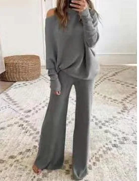 Long-Sleeve Bateau Collar Top + Wide-leg Pants Set