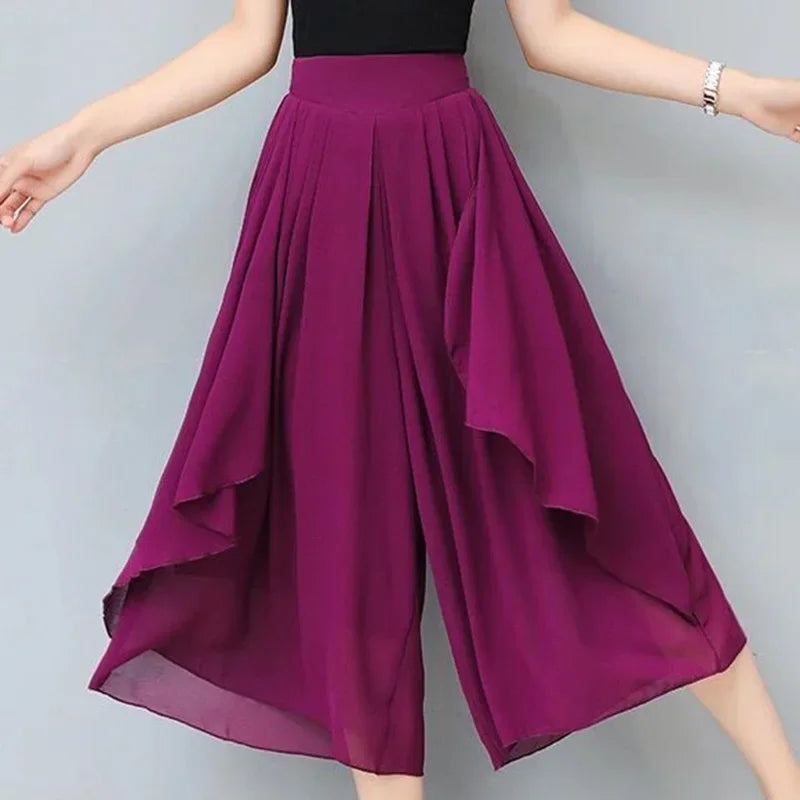 Elegant Solid Color Loose Elastic High Waist Folds Ruffles Capris Women's New Office Lady Commute Irregular Casual Pants Bazaare Mart