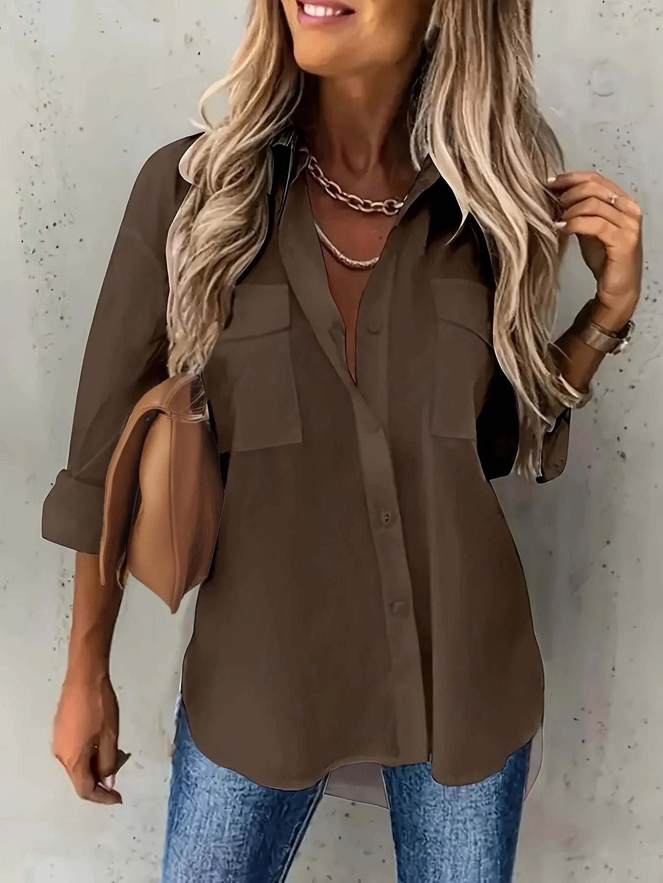 Solid Color Long Rolled Sleeve Button Up Shirt