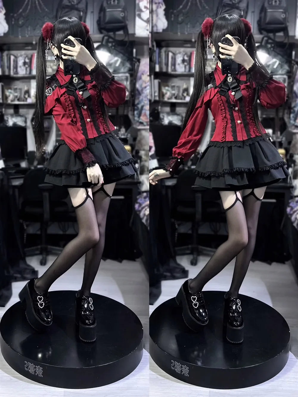 Dark Sweet Heart Ground Type Lolita Set, Ruffle Sleeve Top & A-line Skirt, Cute Kawaii Japanese Style Gothic Coord Outfit S-XL Bazaare Mart