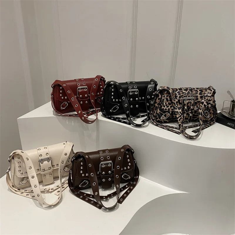 Studded Baguette Shoulder Bag – Faux Leather Punk Rock Shoulder Purse with Buckle & Rivet Details Bazaare Mart Shoulder Purse