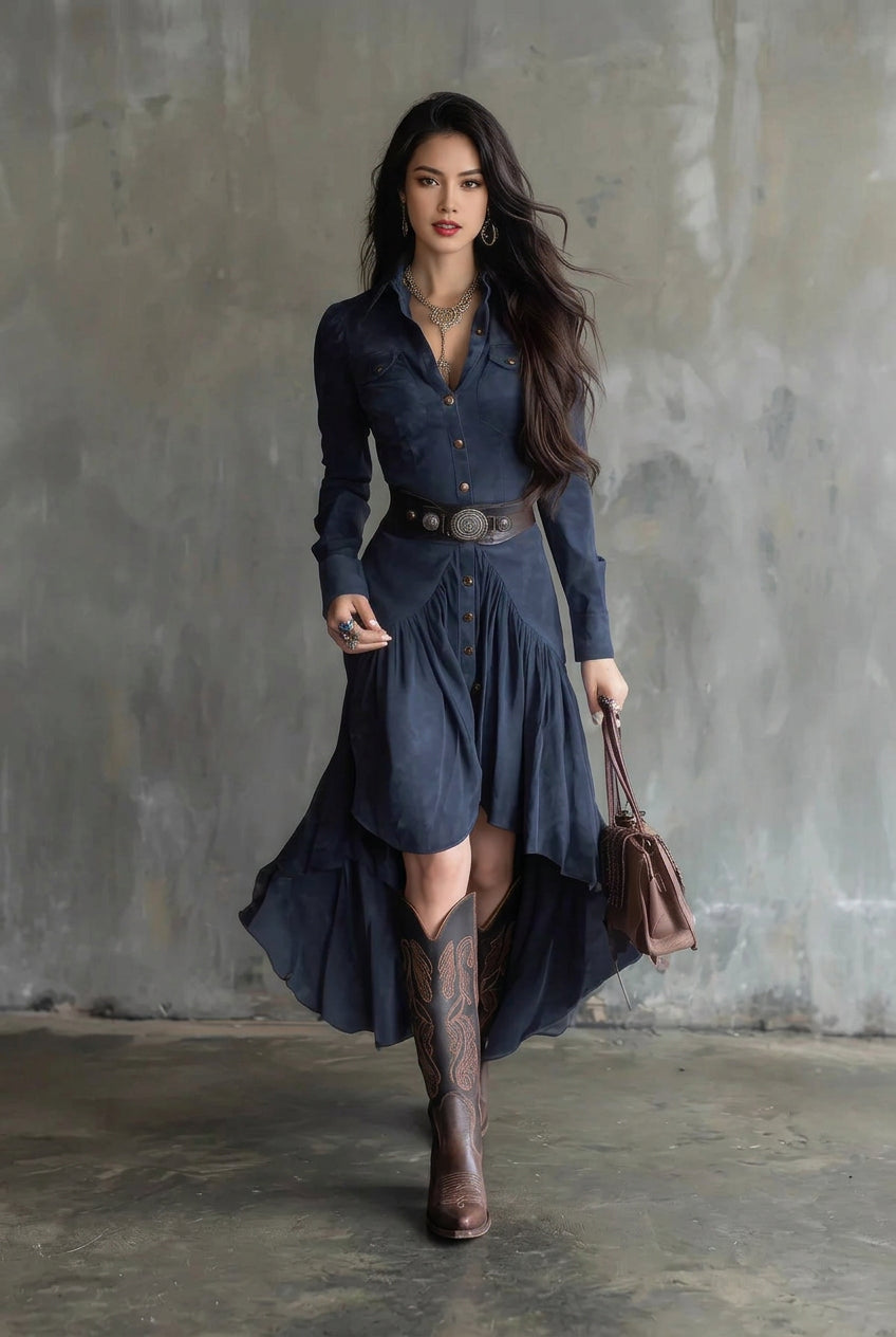 Western Style French Suede High Low Layered Dress with Belt