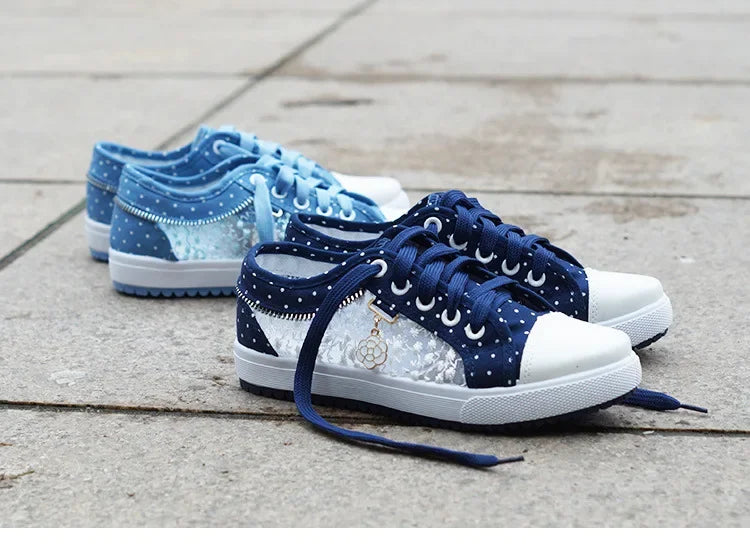 Unique Hollow Mesh Polka Dot Denim Sneakers