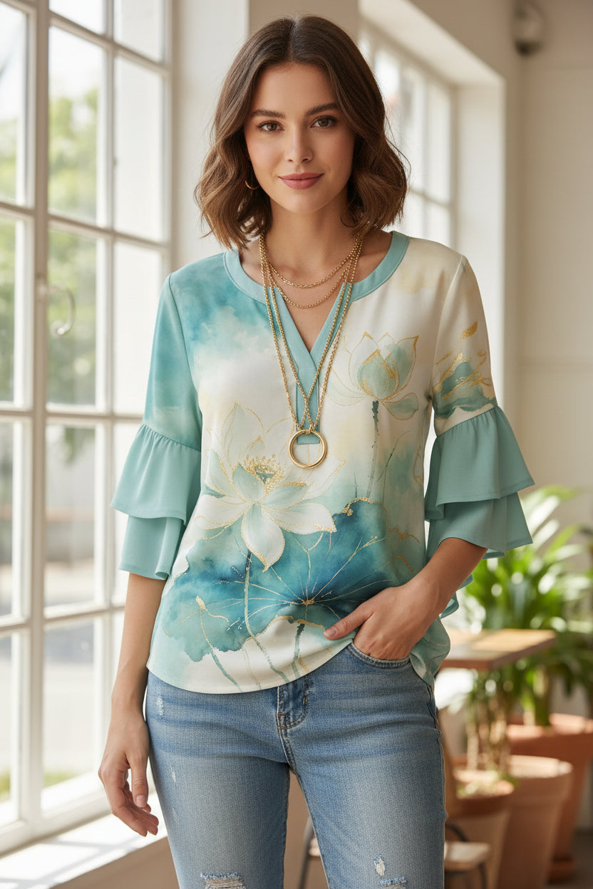 Women's V Neck Ruffle Half Sleeve Lotus Print Blouse, Casual Daily Holiday Tops Mint Green White Spring Summer HCHLD20263017V Bazaare Mart